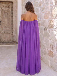 A-Line/Princess Evening Dresses Chiffon Off The Shoulder Sleeveless Floor-Length Wedding Guest Dresses With Cape