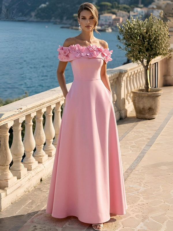 A Line/Princesses Formal Dress 3D Floral Sleeveless Evening Dress Off The Shoulder Floor-Length Dress With Pocket
