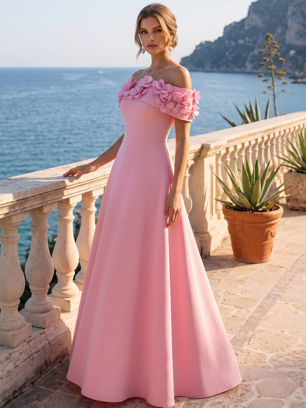 A Line/Princesses Formal Dress 3D Floral Sleeveless Evening Dress Off The Shoulder Floor-Length Dress With Pocket