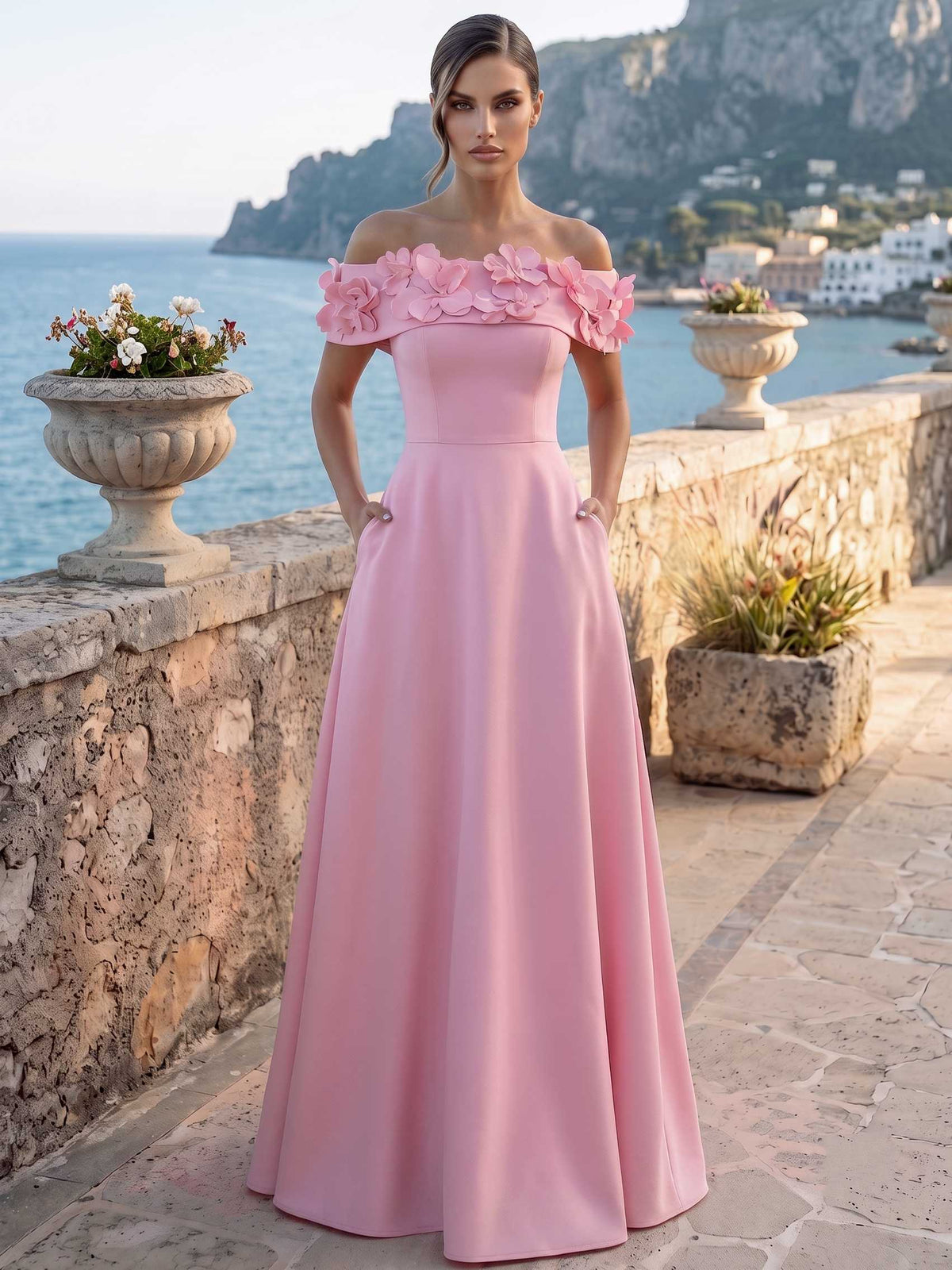 A Line/Princesses Formal Dress 3D Floral Sleeveless Evening Dress Off The Shoulder Floor-Length Dress With Pocket