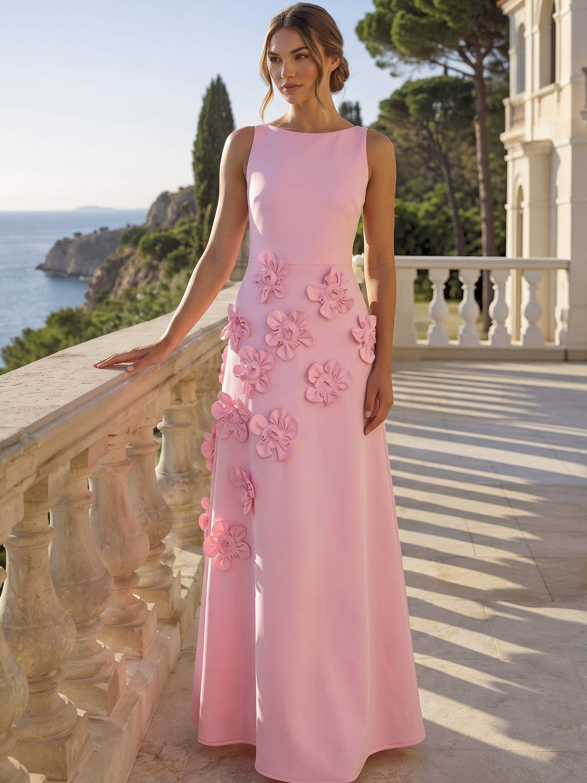 A Line/Princesses Formal Dress 3D Floral Sleeveless Evening Dress Boat Neck Floor-Length Dress