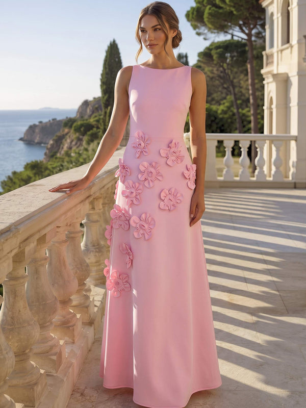 A Line/Princesses Formal Dress 3D Floral Sleeveless Evening Dress Boat Neck Floor-Length Dress