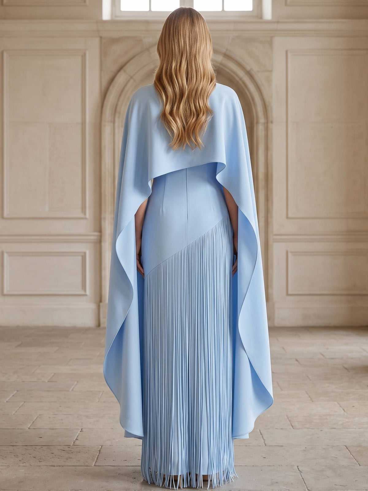 A-Line Formal Dresses Chiffon Strapless Two Piece Set Sleeveless Floor-Length Fringed Design Summer Wedding Guest Dresses With Cape Shawl