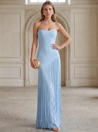 A-Line Formal Dresses Chiffon Strapless Two Piece Set Sleeveless Floor-Length Fringed Design Summer Wedding Guest Dresses With Cape Shawl