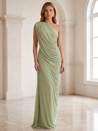 Sheath Formal Dresses Chiffon One Shoulder Two Piece Set Sleeveless Floor-Length Runched Summer Wedding Guest Dresses