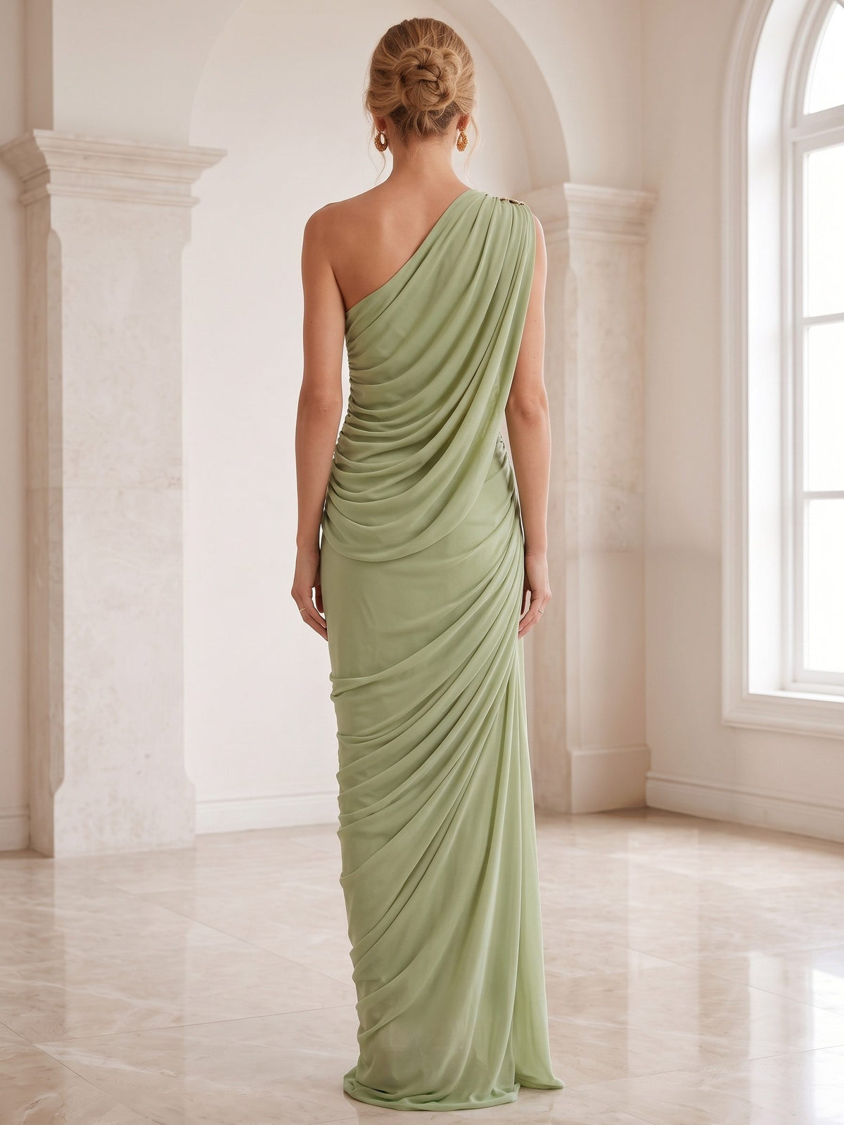 Sheath Formal Dresses Chiffon One Shoulder Two Piece Set Sleeveless Floor-Length Runched Summer Wedding Guest Dresses