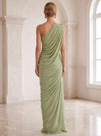 Sheath Formal Dresses Chiffon One Shoulder Two Piece Set Sleeveless Floor-Length Runched Summer Wedding Guest Dresses