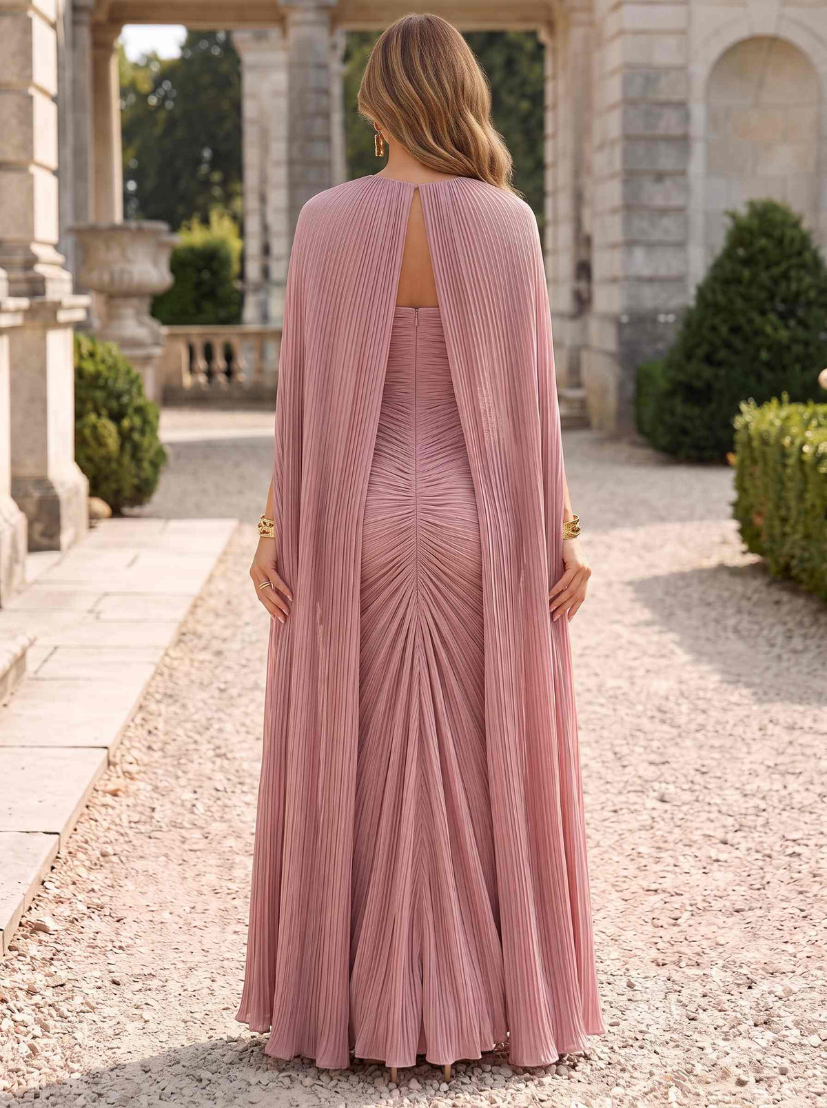 A-Line Formal Dresses Chiffon Strapless Two Piece Set Sleeveless Floor-Length Runched Summer Wedding Guest Dresses With Cape Shawl High Slit