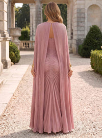 A-Line Formal Dresses Chiffon Strapless Two Piece Set Sleeveless Floor-Length Runched Summer Wedding Guest Dresses With Cape Shawl High Slit