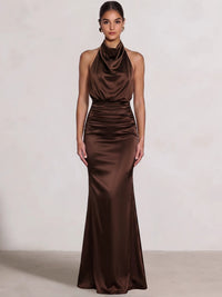 Sheath/Column Evening Dress Satin Floor Length Runched Formal Dresses Formal Wedding Sleeveless Halter Neck Dress
