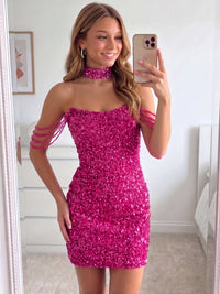 Sheath/Column Short Homecoming Dresses Off The Shoulder Sequined Sleeveless Party Dress With Sequins Chocker