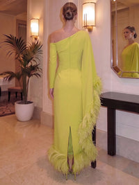 Sheath/Column Evening Formal Dresses One Shoulder Lime Green Ankle-Length Wedding Guest Dress With Feather Fur