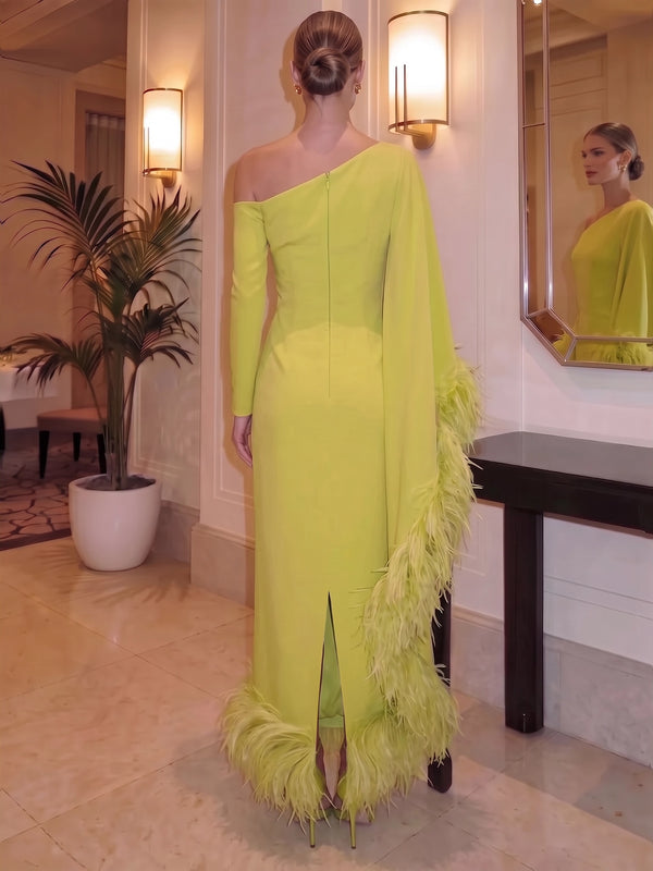 Sheath/Column Evening Formal Dresses One Shoulder Lime Green Ankle-Length Wedding Guest Dress With Feather Fur