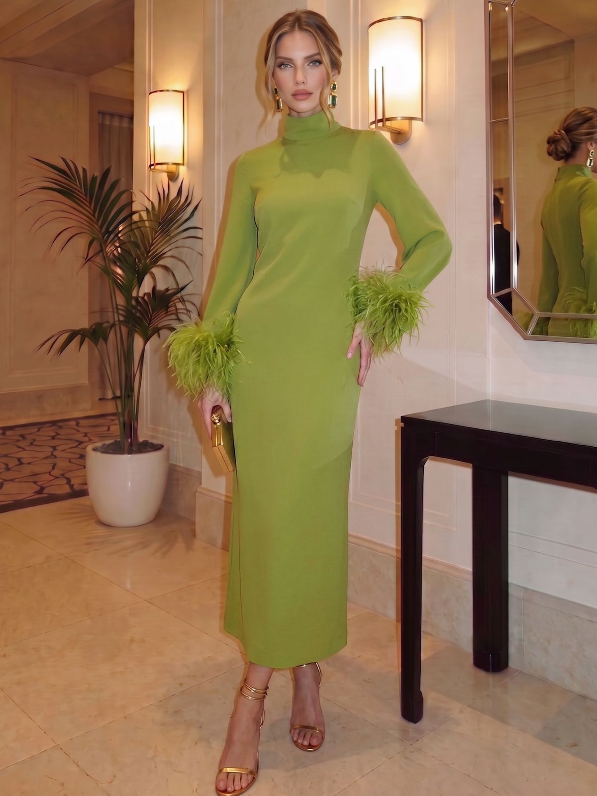 Sheath/Column Evening Formal Dresses Mock Neck Ankle-Length Wedding Guest Dress With Feather Fur With Back Slit
