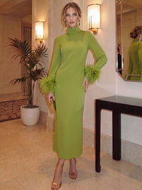Sheath/Column Evening Formal Dresses Mock Neck Ankle-Length Wedding Guest Dress With Feather Fur With Back Slit