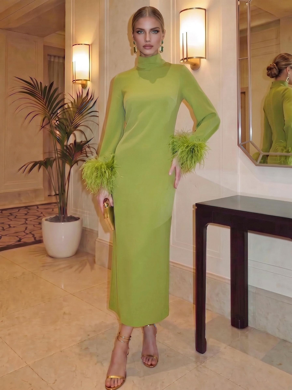 Sheath/Column Evening Formal Dresses Mock Neck Ankle-Length Wedding Guest Dress With Feather Fur With Back Slit