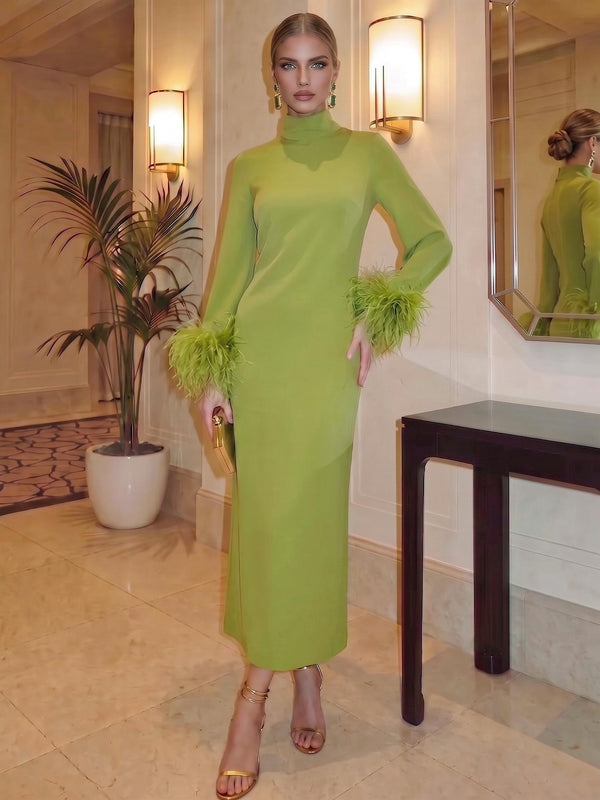 Sheath/Column Evening Formal Dresses Mock Neck Ankle-Length Wedding Guest Dress With Feather Fur With Back Slit