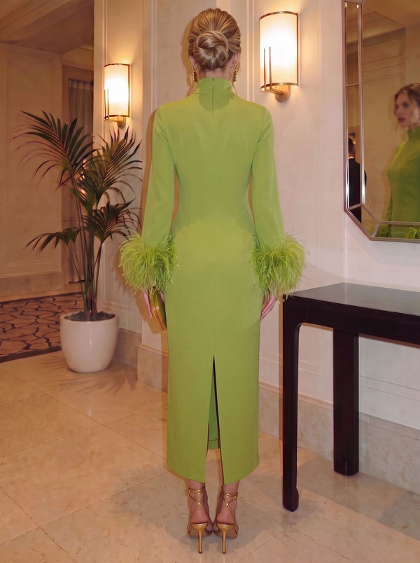 Sheath/Column Evening Formal Dresses Mock Neck Ankle-Length Wedding Guest Dress With Feather Fur With Back Slit