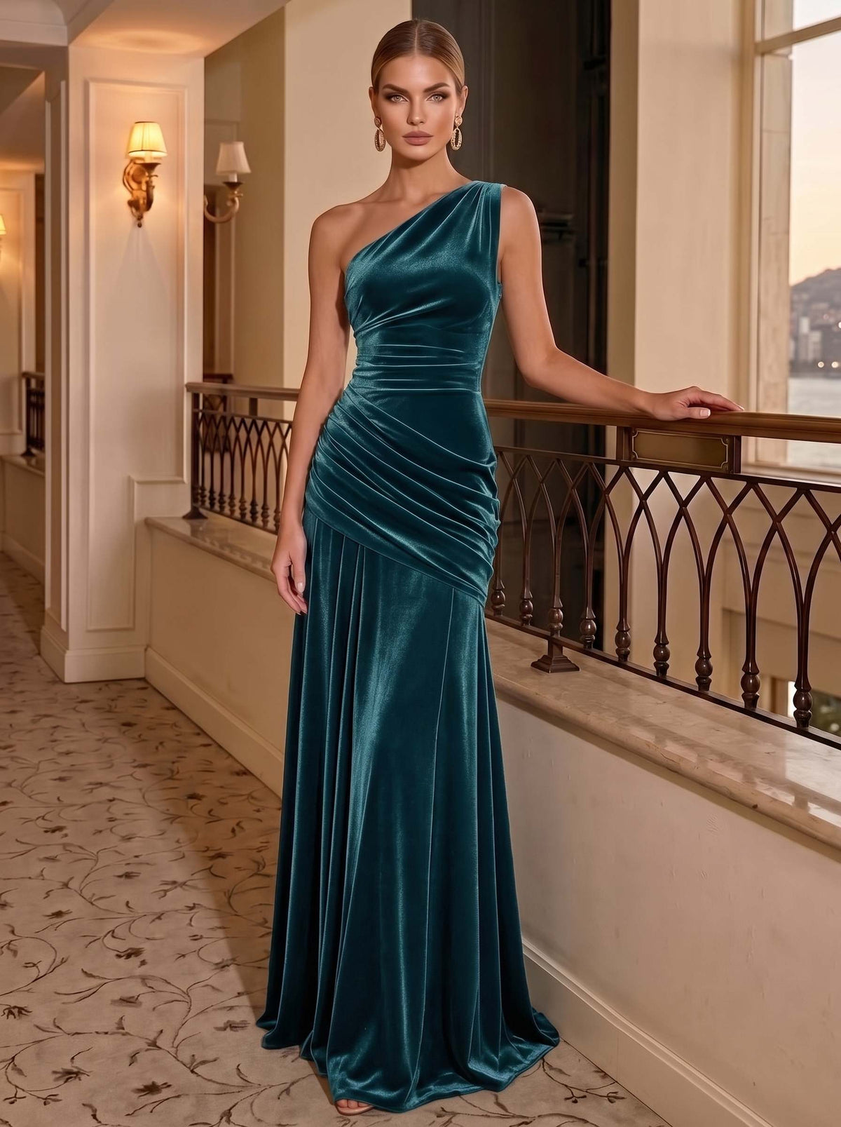 Sheath Velvet Evening Gown Floor Length One Shoulder Sleeveless Runched Elegant Formal Dress
