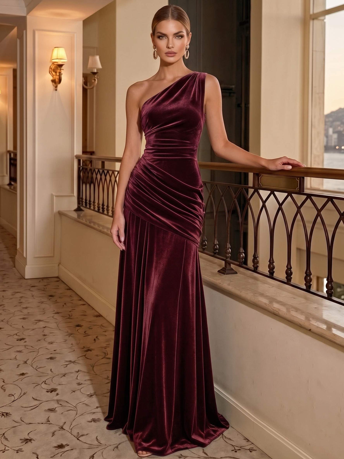 Sheath Velvet Evening Gown Floor Length One Shoulder Sleeveless Runched Elegant Formal Dress