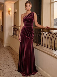 Sheath Velvet Evening Gown Floor Length One Shoulder Sleeveless Runched Elegant Formal Dress