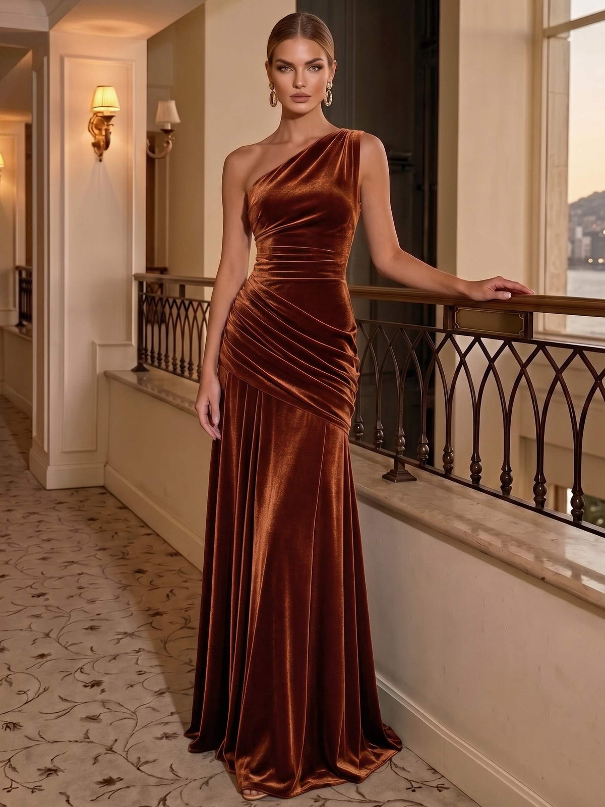 Sheath Velvet Evening Gown Floor Length One Shoulder Sleeveless Runched Elegant Formal Dress