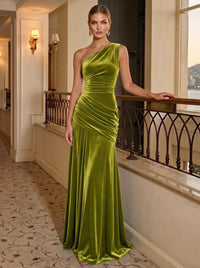 Sheath Velvet Evening Gown Floor Length One Shoulder Sleeveless Runched Elegant Formal Dress