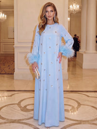 A-Line Evening Formal Dresses Boat Neck Blue Floor-Length Wedding Guest Dress With Feather Fur Rhinestone