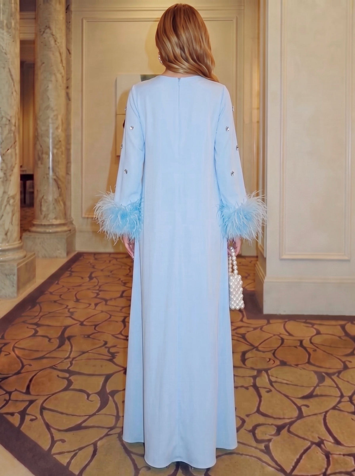 A-Line Evening Formal Dresses Boat Neck Blue Floor-Length Wedding Guest Dress With Feather Fur Rhinestone