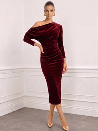 Mermaid Velvet Cocktail Dress Ankle Length Burgundy One Shoulder Runched Long Sleeves Wedding Guest Formal Dress