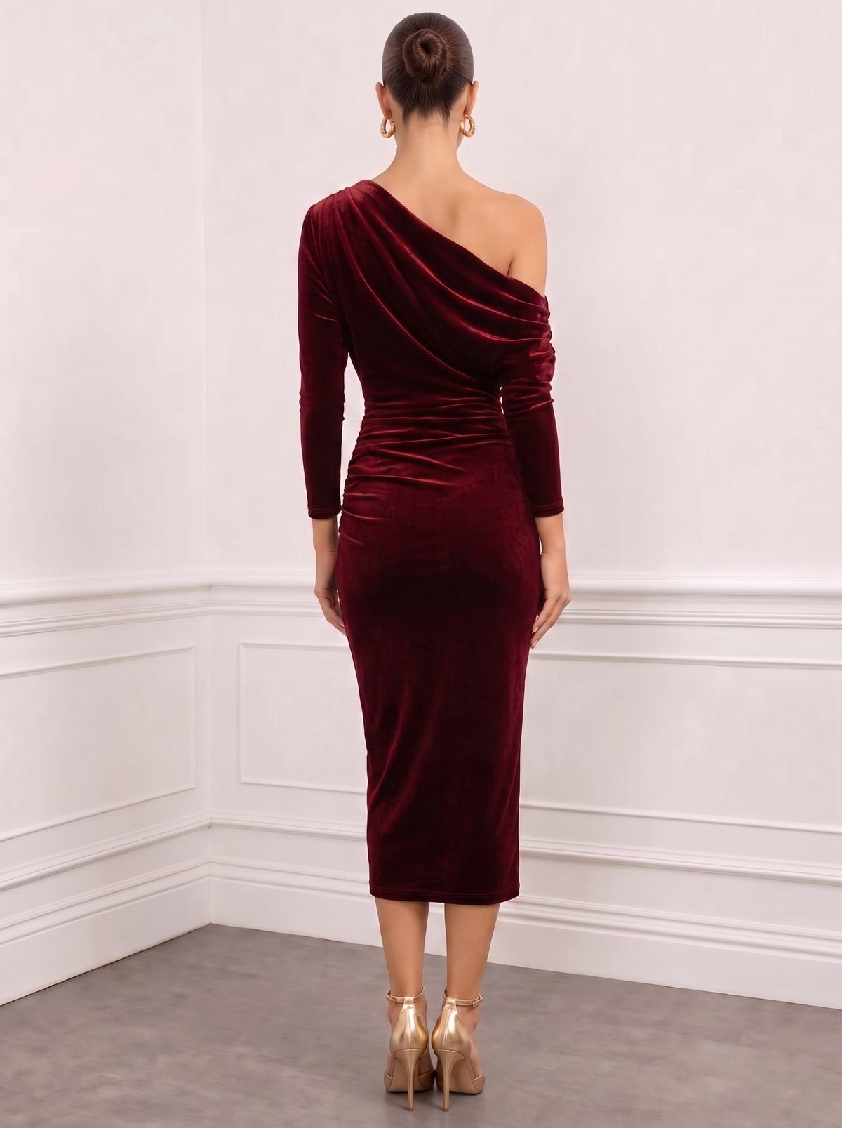 Mermaid Velvet Cocktail Dress Ankle Length Burgundy One Shoulder Runched Long Sleeves Wedding Guest Formal Dress