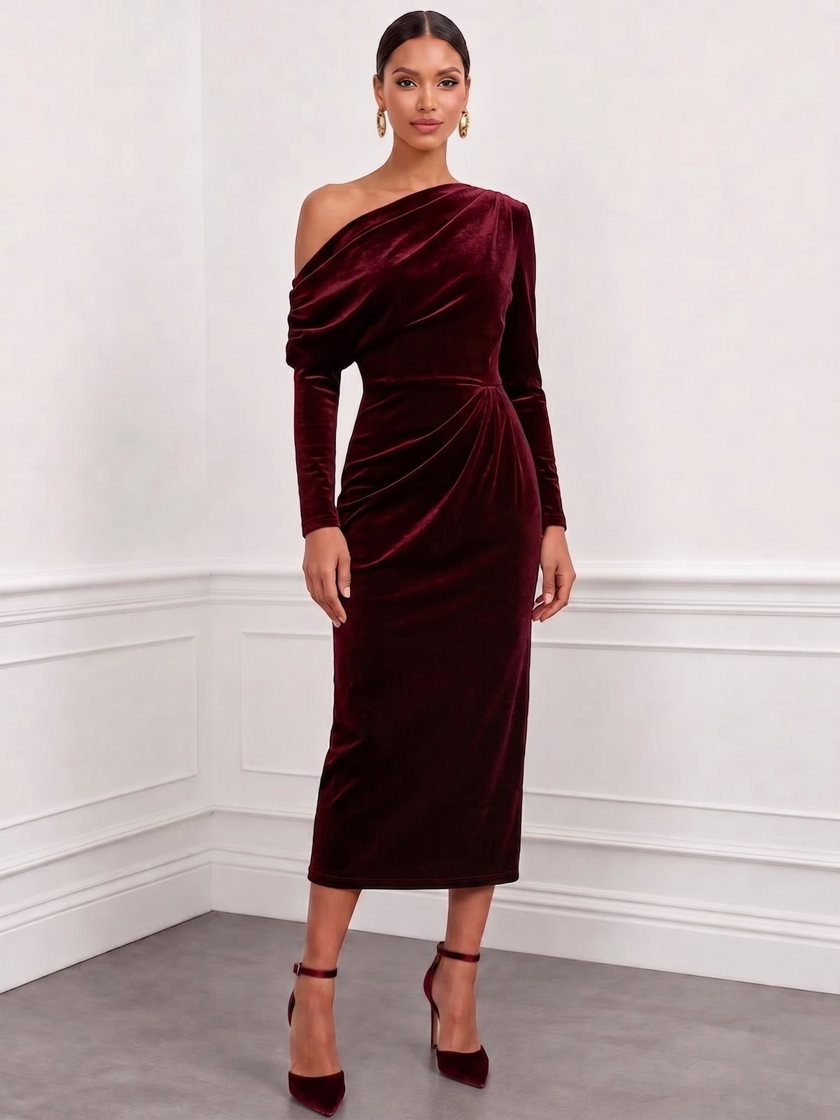 Mermaid Velvet Cocktail Dress Ankle Length Burgundy One Shoulder Runched Long Sleeves Wedding Guest Formal Dress