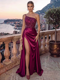 Sparkly Fuchsia Floor Length Evening Gown with Split