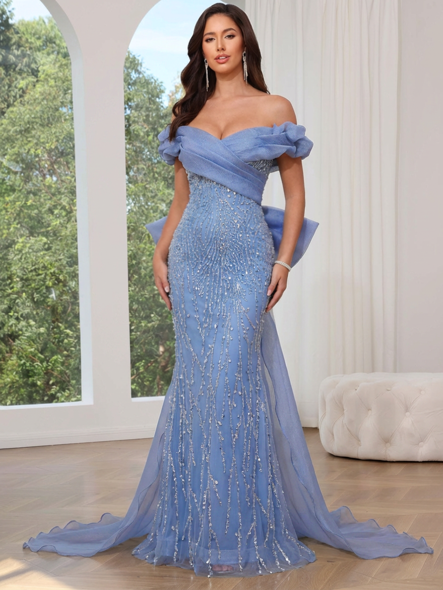 Trumpet/Mermaid V-Neck Short Sleeves Floor-Length Evening Dresses Sequins & Bow & Watteau Train