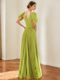 A-Line/Princess Chiffon Evening Dresses with Feather V-Neck Short Sleeves Formal Pleated Dress