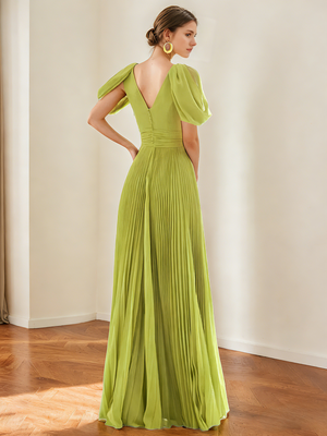 A-Line/Princess Chiffon Evening Dresses with Feather V-Neck Short Sleeves Formal Pleated Dress