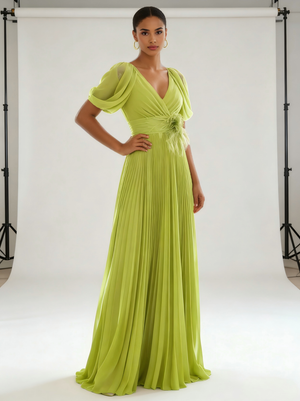 A-Line/Princess Chiffon Evening Dresses with Feather V-Neck Short Sleeves Formal Pleated Dress