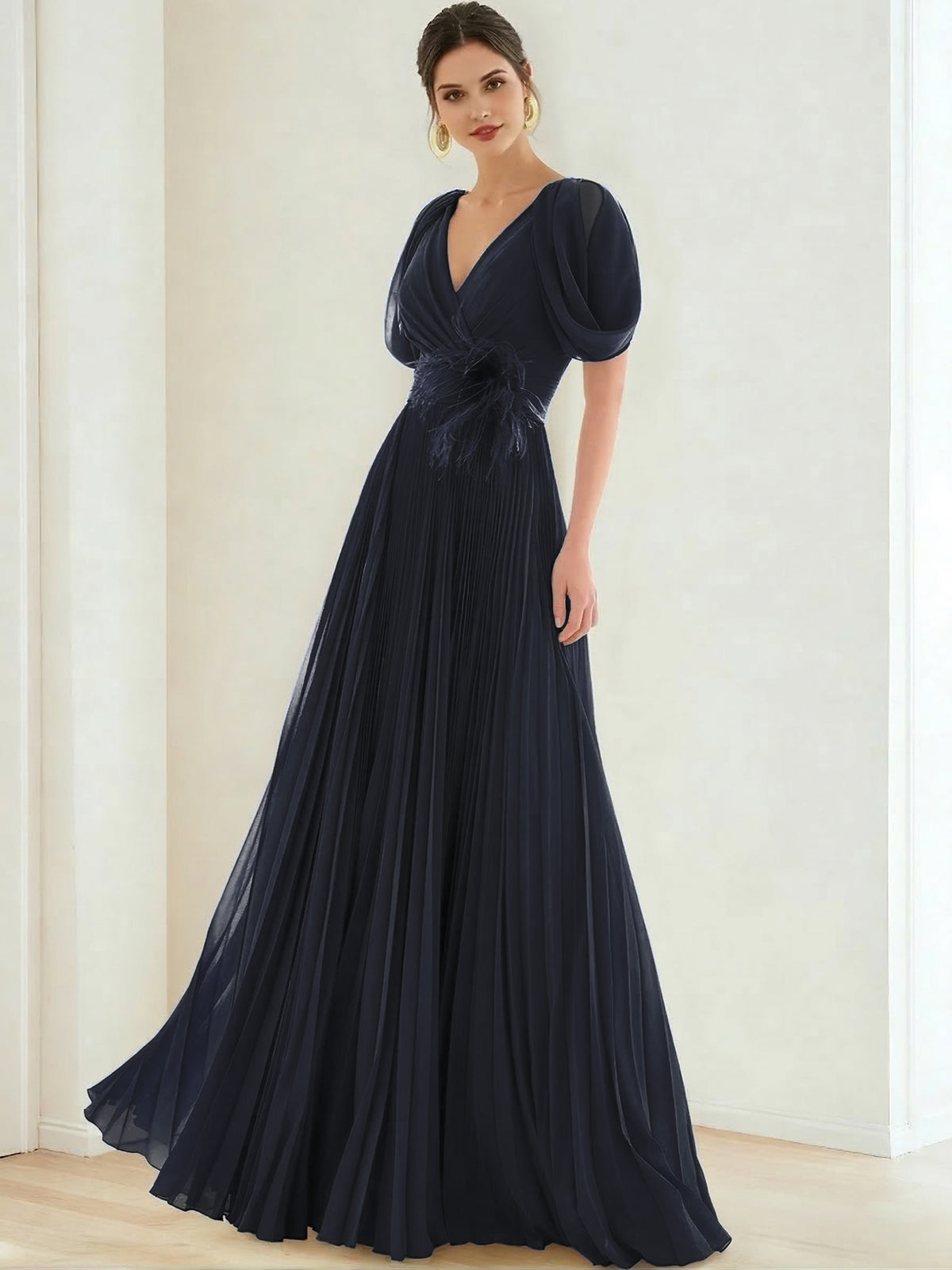 A-Line/Princess Chiffon Evening Dresses with Feather V-Neck Short Sleeves Formal Pleated Dress
