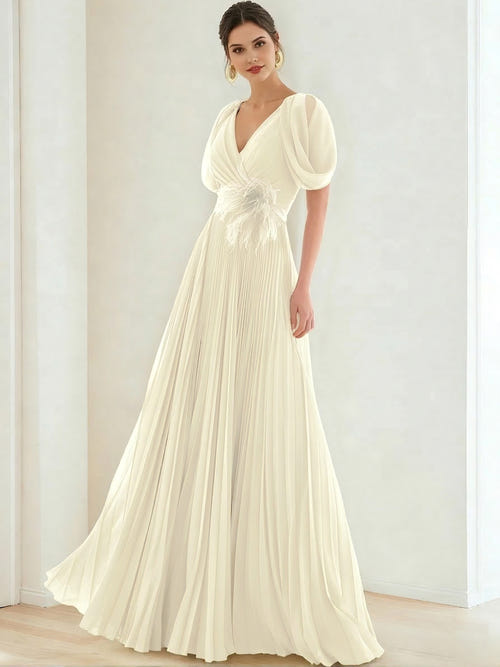 A-Line/Princess Chiffon Evening Dresses with Feather V-Neck Short Sleeves Formal Pleated Dress