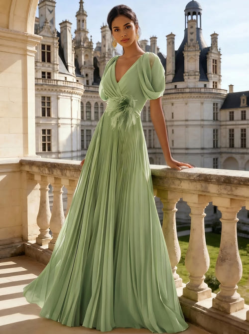 A-Line/Princess Chiffon Evening Dresses with Feather V-Neck Short Sleeves Formal Pleated Dress