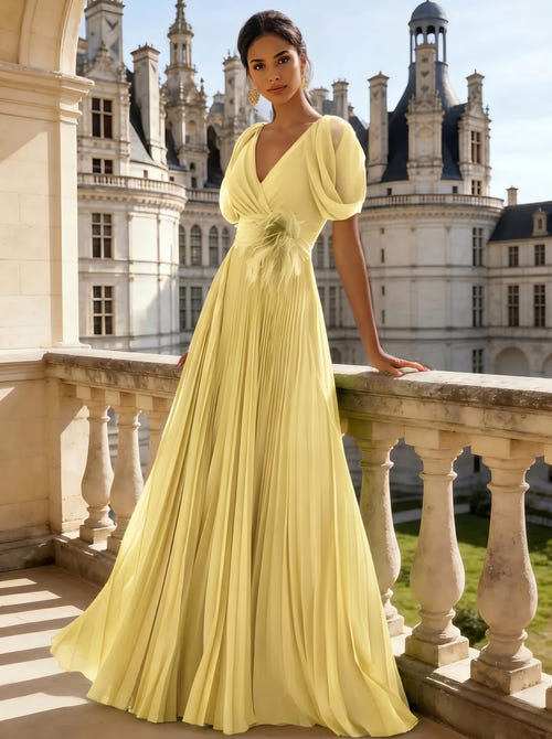 A-Line/Princess Chiffon Evening Dresses with Feather V-Neck Short Sleeves Formal Pleated Dress