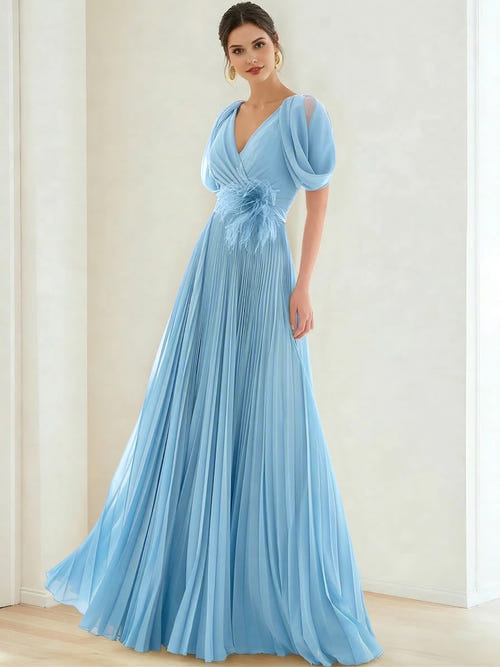 A-Line/Princess Chiffon Evening Dresses with Feather V-Neck Short Sleeves Formal Pleated Dress
