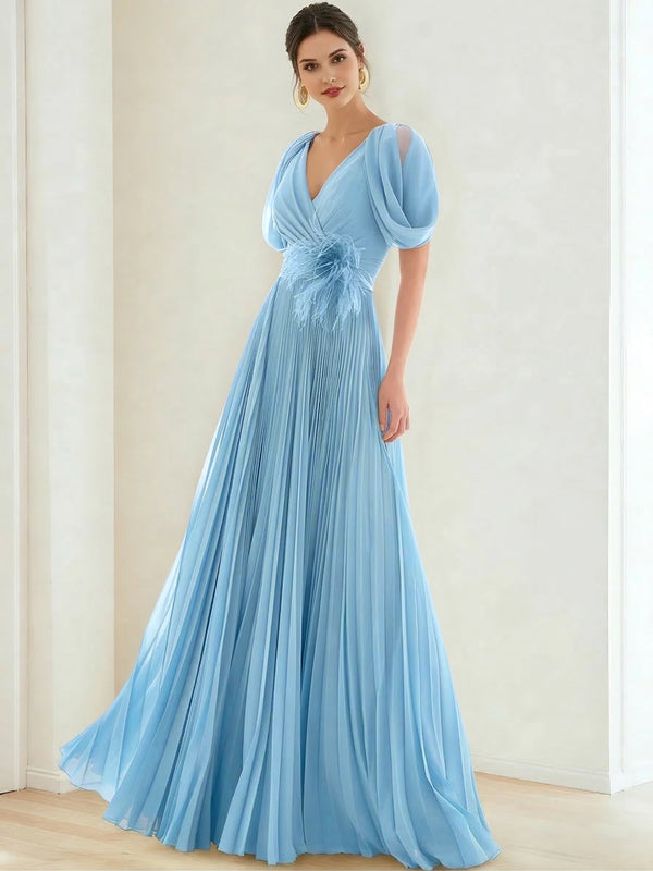 A-Line/Princess Chiffon Evening Dresses with Feather V-Neck Short Sleeves Formal Pleated Dress