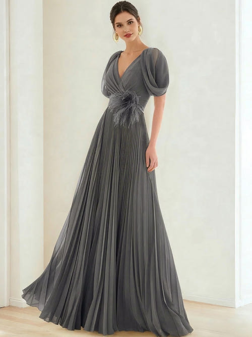A-Line/Princess Chiffon Evening Dresses with Feather V-Neck Short Sleeves Formal Pleated Dress