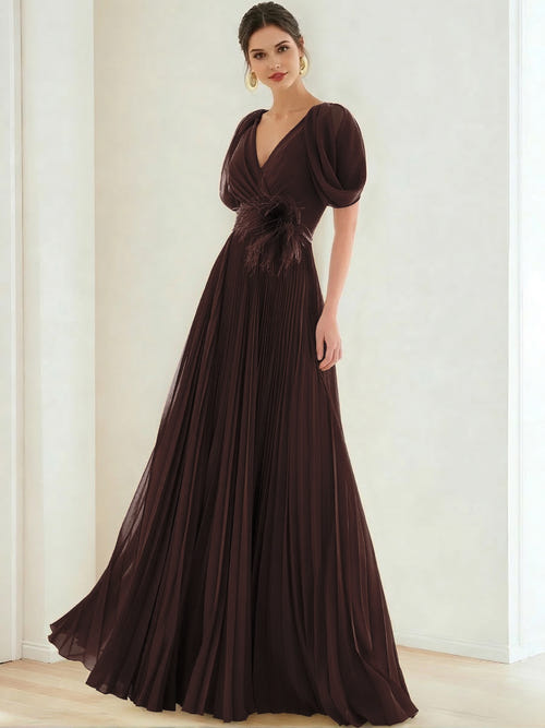 A-Line/Princess Chiffon Evening Dresses with Feather V-Neck Short Sleeves Formal Pleated Dress