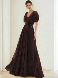 A-Line/Princess Chiffon Evening Dresses with Feather V-Neck Short Sleeves Formal Pleated Dress