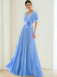 A-Line/Princess Chiffon Evening Dresses with Feather V-Neck Short Sleeves Formal Pleated Dress