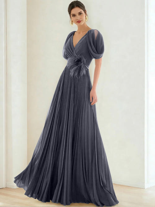A-Line/Princess Chiffon Evening Dresses with Feather V-Neck Short Sleeves Formal Pleated Dress
