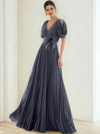 A-Line/Princess Chiffon Evening Dresses with Feather V-Neck Short Sleeves Formal Pleated Dress
