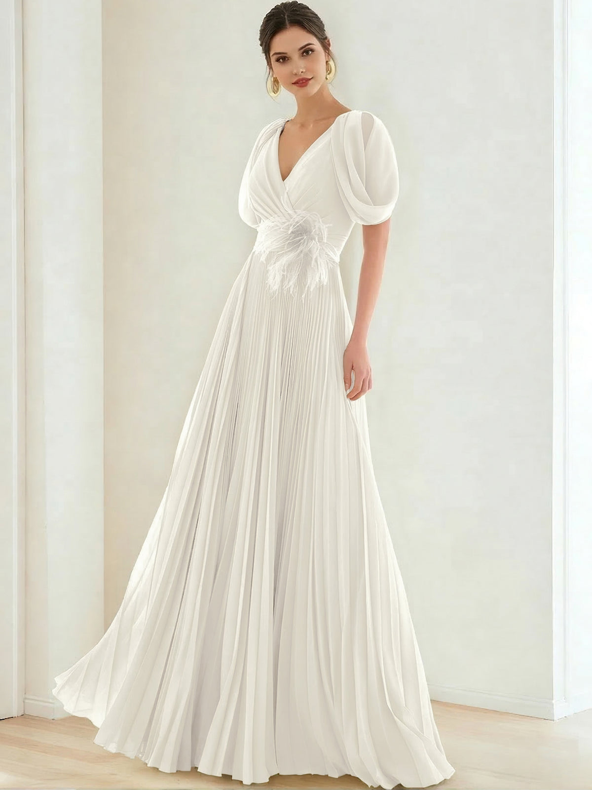 A-Line/Princess Chiffon Evening Dresses with Feather V-Neck Short Sleeves Formal Pleated Dress